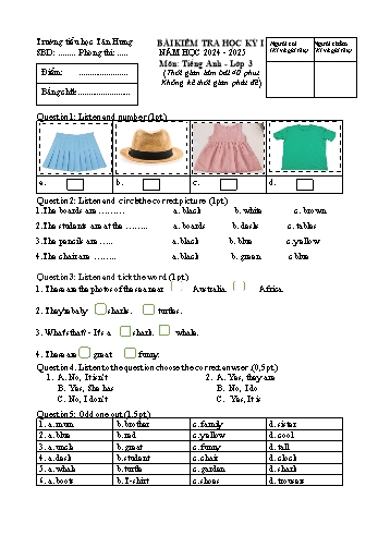 Đề kiểm tra học kỳ I môn Tiếng Anh Lớp 3 - Năm học 2024-2025 - Trường Tiểu học Tân Hưng (Có đáp án)