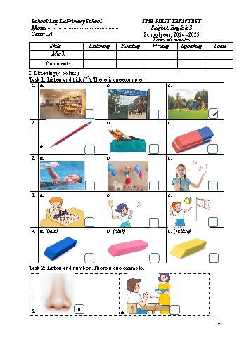 Đề kiểm tra học kỳ I môn Tiếng Anh Lớp 3 - Năm học 2024-2025 - Trường Tiểu học Lập Lễ