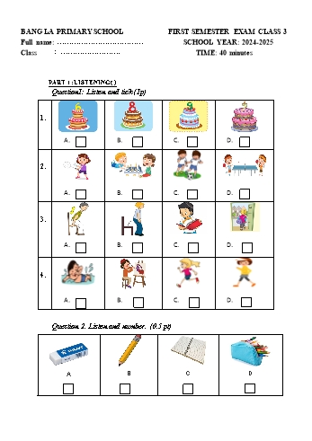 Đề kiểm tra học kỳ I môn Tiếng Anh Lớp 3 - Năm học 2024-2025 - Trường Tiểu học Bàng La (Có đáp án + Ma trận)