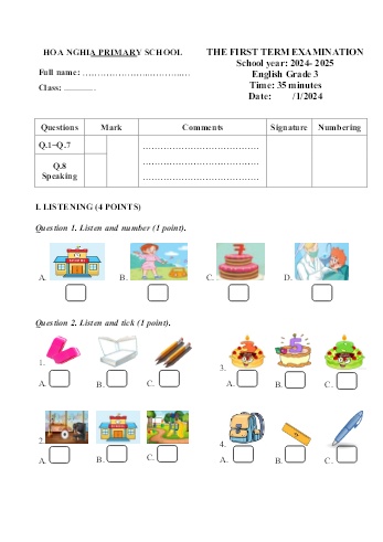Đề kiểm tra học kỳ I môn Tiếng Anh Lớp 3 - Năm học 2024-2025 - Trường Tiểu học Hòa Nghĩa