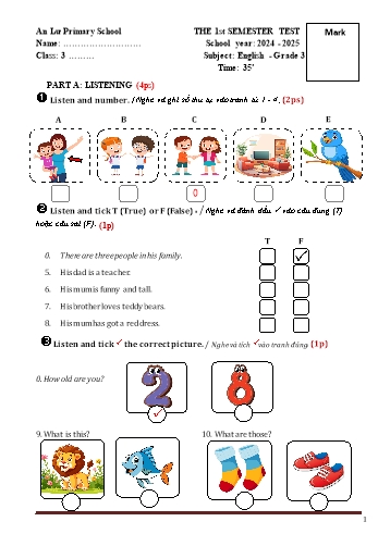 Đề kiểm tra học kỳ I môn Tiếng Anh Lớp 3 - Năm học 2024-2025 - Trường Tiểu học An Lư (Kèm file nghe)