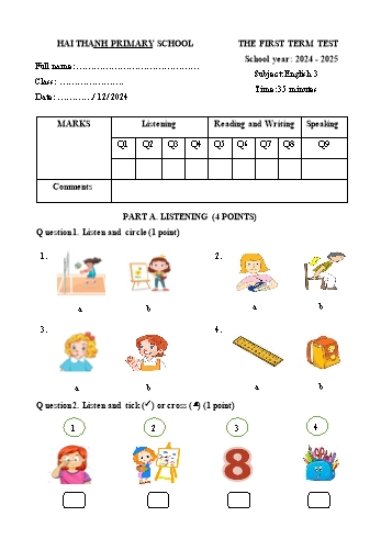 Đề kiểm tra học kỳ I môn Tiếng Anh Lớp 3 - Năm học 2024-2025 - Trường Tiểu học Hải Thành (Có đáp án + Ma trận)