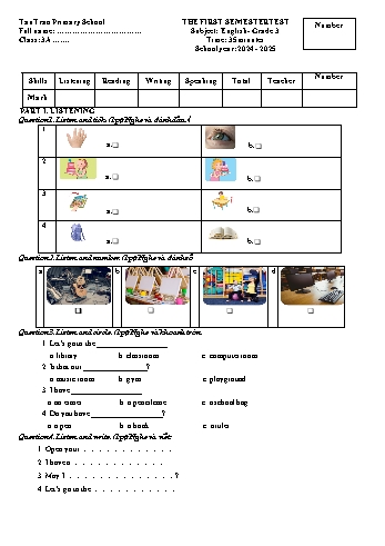 Đề kiểm tra học kỳ I môn Tiếng Anh Lớp 3 - Năm học 2024-2025 - Trường Tiểu học Tân Trào (Có đáp án + File nghe)