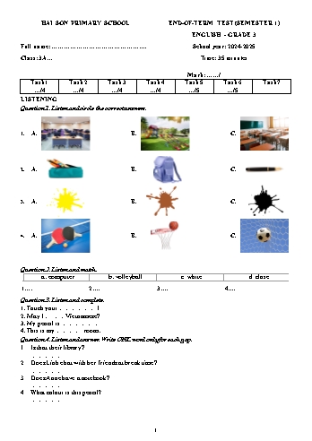 Đề kiểm tra học kỳ I môn Tiếng Anh Lớp 3 - Năm học 2024-2025 - Trường Tiểu học Hải Sơn (Kèm file nghe)