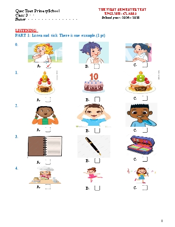 Đề kiểm tra học kỳ I môn Tiếng Anh Lớp 3 - Năm học 2024-2025 - Trường Tiểu học Quốc Tuấn (Có đáp án + File nghe)