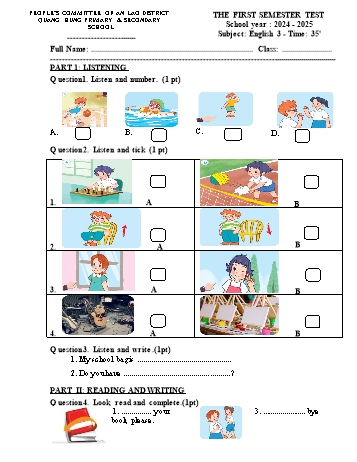 Đề kiểm tra học kỳ I môn Tiếng Anh Lớp 3 - Năm học 2024-2025 - Trường TH&THCS Quang Hưng (Có đáp án + File nghe)