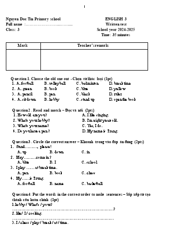 Đề kiểm tra học kỳ I môn Tiếng Anh Lớp 3 - Năm học 2024-2025 - Trường Tiểu học Nguyễn Đốc Tín