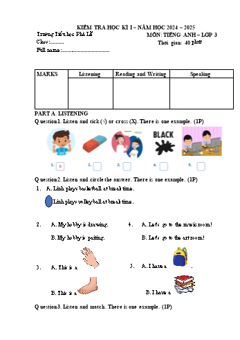Đề kiểm tra học kỳ I môn Tiếng Anh Lớp 3 - Năm học 2024-2025 - Trường Tiểu học Phả Lễ (Có đáp án + Ma trận)