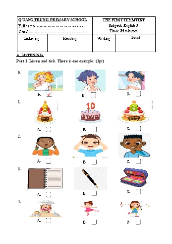 Đề kiểm tra học kỳ I môn Tiếng Anh Lớp 3 - Năm học 2024-2025 - Trường Tiểu học Quang Trung (Có ma trận + File nghe)