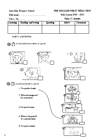 Đề kiểm tra học kỳ I môn Tiếng Anh Lớp 3 - Năm học 2024-2025 - Trường Tiểu học Liên Khê