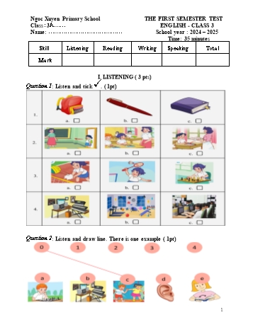 Đề kiểm tra học kỳ I môn Tiếng Anh Lớp 3 - Năm học 2024-2025 - Trường Tiểu học Ngọc Xuyên (Có đáp án)