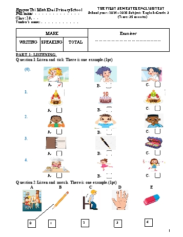 Đề kiểm tra học kỳ I môn Tiếng Anh Lớp 3 - Năm học 2024-2025 - Trường Tiểu học Nguyễn Thị Minh Khai (Có đáp án)