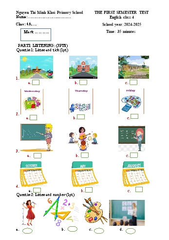 Đề kiểm tra học kỳ I môn Tiếng Anh Lớp 4 - Năm học 2024-2025 - Trường Tiểu học Nguyễn Thị Minh Khai (Có đáp án)