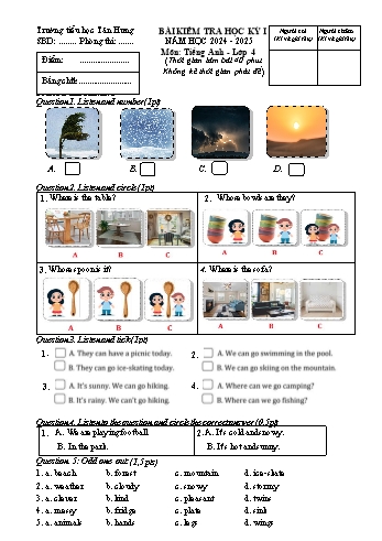 Đề kiểm tra học kỳ I môn Tiếng Anh Lớp 4 - Năm học 2024-2025 - Trường Tiểu học Tân Hưng (Có đáp án)