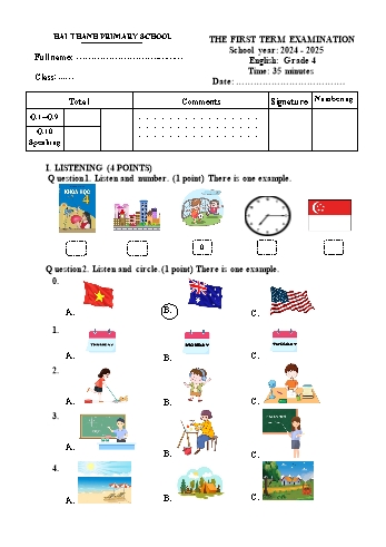 Đề kiểm tra học kỳ I môn Tiếng Anh Lớp 4 - Năm học 2024-2025 - Trường Tiểu học Hải Thành (Có đáp án + Ma trận)