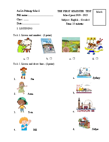 Đề kiểm tra học kỳ I môn Tiếng Anh Lớp 4 - Năm học 2024-2025 - Trường Tiểu học An Lư (Kèm file nghe)