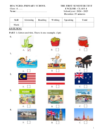 Đề kiểm tra học kỳ I môn Tiếng Anh Lớp 4 - Năm học 2024-2025 - Trường Tiểu học Hòa Nghĩa