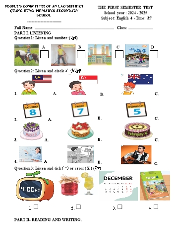 Đề kiểm tra học kỳ I môn Tiếng Anh Lớp 4 - Năm học 2024-2025 - Trường TH&THCS Quang Hưng (Có đáp án + File nghe)