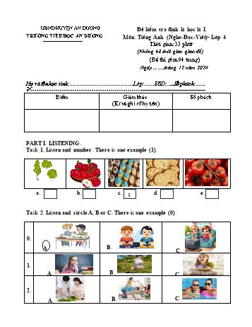 Đề kiểm tra học kỳ I môn Tiếng Anh Lớp 4 - Năm học 2024-2025 - Trường Tiểu học An Dương