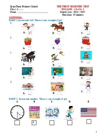 Đề kiểm tra học kỳ I môn Tiếng Anh Lớp 4 - Năm học 2024-2025 - Trường Tiểu học Quốc Tuấn (Có đáp án + File nghe)
