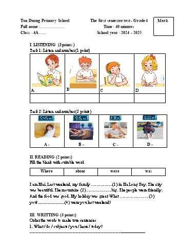 Đề kiểm tra học kỳ I môn Tiếng Anh Lớp 4 - Năm học 2024-2025 - Trường Tiểu học Tân Dương (Có đáp án + File nghe)