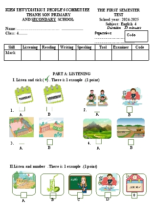 Đề kiểm tra học kỳ I môn Tiếng Anh Lớp 4 - Năm học 2024-2025 - Trường TH&THCS Thanh Sơn (Có đáp án)