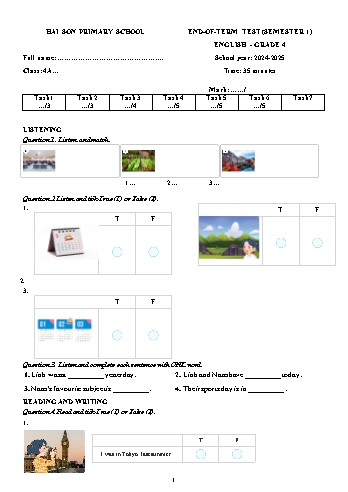 Đề kiểm tra học kỳ I môn Tiếng Anh Lớp 4 - Năm học 2024-2025 - Trường Tiểu học Hải Sơn (Kèm file nghe)