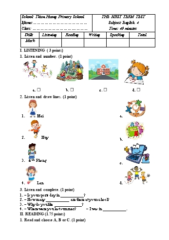 Đề kiểm tra học kỳ I môn Tiếng Anh Lớp 4 - Năm học 2024-2025 - Trường Tiểu học Thiên Hương