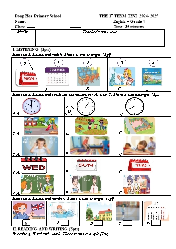 Đề kiểm tra học kỳ I môn Tiếng Anh Lớp 4 - Năm học 2024-2025 - Trường Tiểu học Đồng Hòa