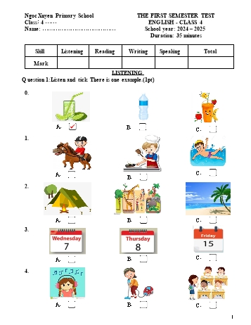 Đề kiểm tra học kỳ I môn Tiếng Anh Lớp 4 - Năm học 2024-2025 - Trường Tiểu học Ngọc Xuyên (Có đáp án)