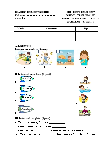 Đề kiểm tra học kỳ I môn Tiếng Anh Lớp 4 - Năm học 2024-2025 - Trường Tiểu học Gia Đức (Có đáp án + Ma trận)