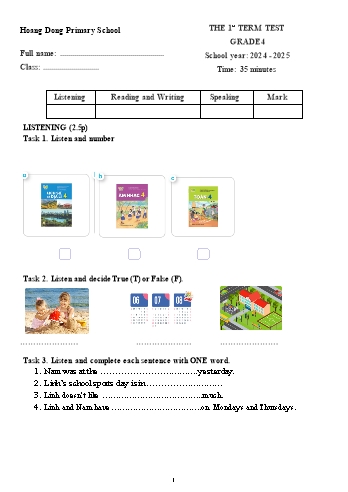 Đề kiểm tra học kỳ I môn Tiếng Anh Lớp 4 - Năm học 2024-2025 - Trường Tiểu học Hoàng Động