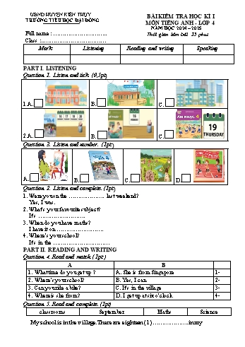 Đề kiểm tra học kỳ I môn Tiếng Anh Lớp 4 - Năm học 2024-2025 - Trường Tiểu học Đại Đồng (Có đáp án)