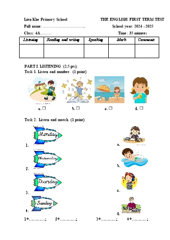 Đề kiểm tra học kỳ I môn Tiếng Anh Lớp 4 - Năm học 2024-2025 - Trường Tiểu học Liên Khê
