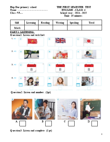 Đề kiểm tra học kỳ I môn Tiếng Anh Lớp 4 - Năm học 2024-2025 - Trường Tiểu học Hợp Đức (Có đáp án + Ma trận)