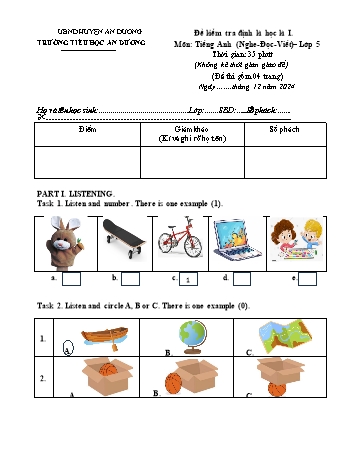 Đề kiểm tra học kỳ I môn Tiếng Anh Lớp 5 - Năm học 2024-2025 - Trường Tiểu học An Dương