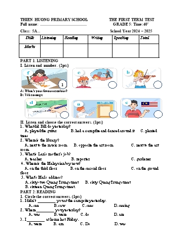 Đề kiểm tra học kỳ I môn Tiếng Anh Lớp 5 - Năm học 2024-2025 - Trường Tiểu học Thiên Hương
