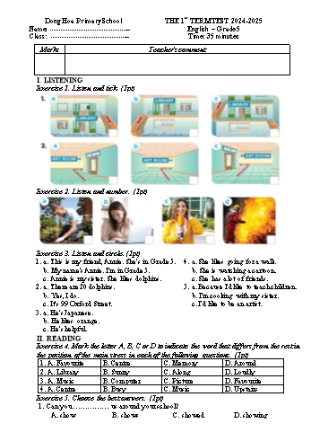 Đề kiểm tra học kỳ I môn Tiếng Anh Lớp 5 - Năm học 2024-2025 - Trường Tiểu học Đồng Hòa