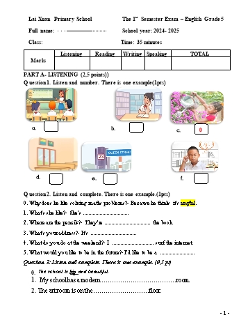Đề kiểm tra học kỳ I môn Tiếng Anh Lớp 5 - Năm học 2024-2025 - Trường Tiểu học Lại Xuân