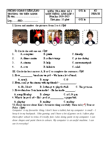 Đề kiểm tra học kỳ I môn Tiếng Anh Lớp 5 - Năm học 2024-2025 - Trường Tiểu học Tiên Minh (Có đáp án + File nghe)