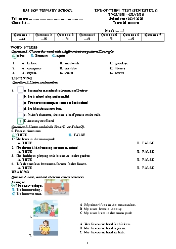 Đề kiểm tra học kỳ I môn Tiếng Anh Lớp 5 - Năm học 2024-2025 - Trường Tiểu học Hải Sơn (Kèm file nghe)