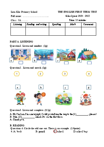 Đề kiểm tra học kỳ I môn Tiếng Anh Lớp 5 - Năm học 2024-2025 - Trường Tiểu học Liên Khê