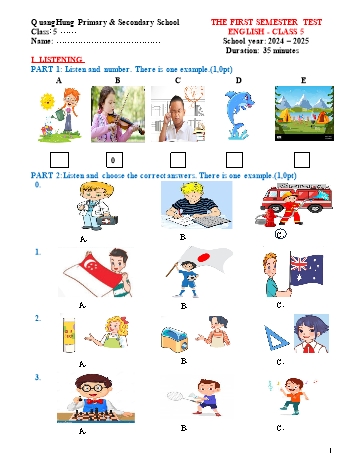 Đề kiểm tra học kỳ I môn Tiếng Anh Lớp 5 - Năm học 2024-2025 - Trường TH&THCS Quang Hưng (Có đáp án + File nghe)