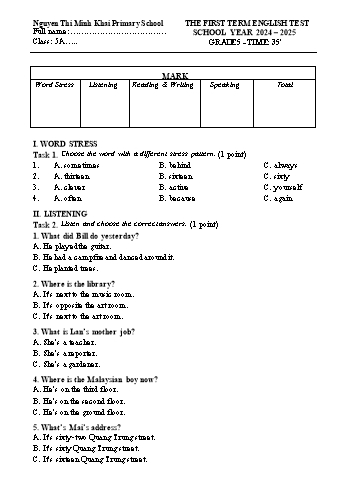Đề kiểm tra học kỳ I môn Tiếng Anh Lớp 5 - Năm học 2024-2025 - Trường Tiểu học Nguyễn Thị Minh Khai (Có đáp án)