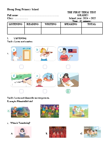 Đề kiểm tra học kỳ I môn Tiếng Anh Lớp 5 - Năm học 2024-2025 - Trường Tiểu học Hoàng Động