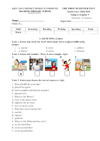 Đề kiểm tra học kỳ I môn Tiếng Anh Lớp 5 - Năm học 2024-2025 - Trường Tiểu học Đại Đồng (Có đáp án + File nghe)