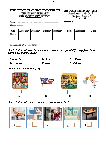 Đề kiểm tra học kỳ I môn Tiếng Anh Lớp 5 - Năm học 2024-2025 - Trường TH&THCS Thanh Sơn