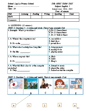 Đề kiểm tra học kỳ I môn Tiếng Anh Lớp 5 - Năm học 2024-2025 - Trường Tiểu học Lập Lễ (Có đáp án + Ma trận)