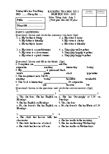 Đề kiểm tra học kỳ I môn Tiếng Anh Lớp 5 - Năm học 2024-2025 - Trường Tiểu học Tân Hưng