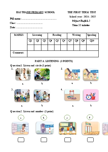 Đề kiểm tra học kỳ I môn Tiếng Anh Lớp 5 - Năm học 2024-2025 - Trường Tiểu học Hải Thành (Có đáp án + Ma trận)